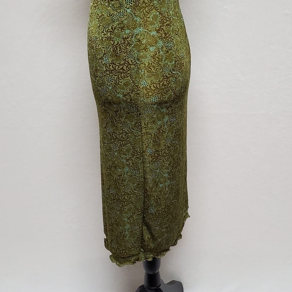 VINTAGE A. Aubrey Green Paisley Stretchy Pin-up Tie Bust Midi Bodycon Dress S - Picture 12 of 16